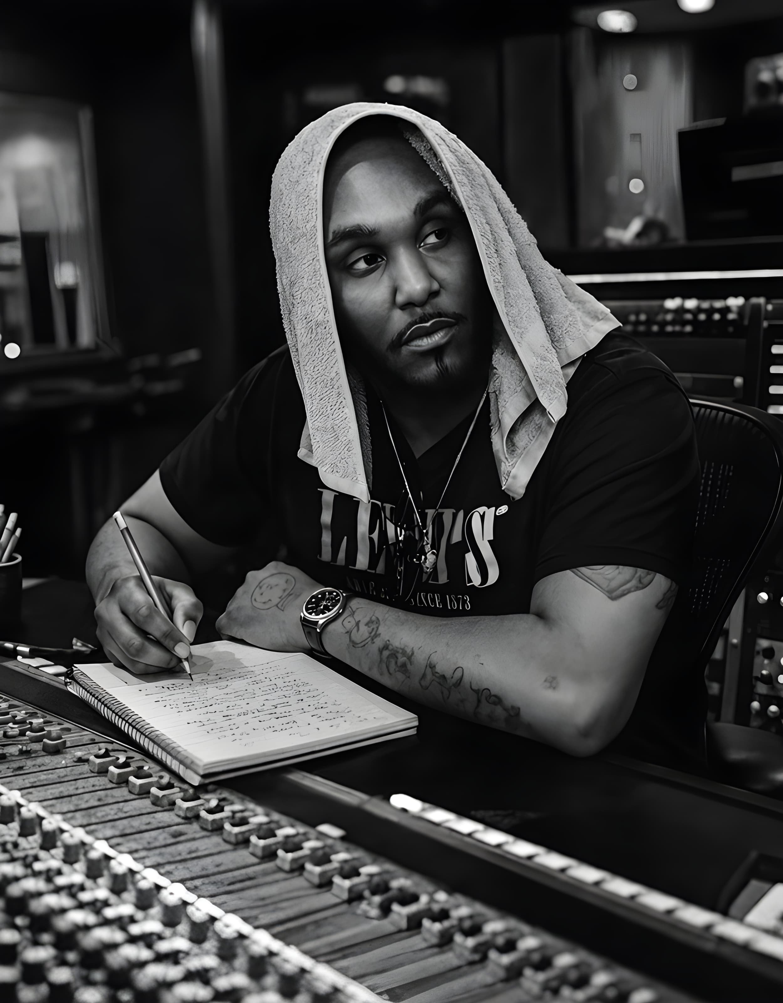 Man with towel on head writing in a notebook at a recording studio console.