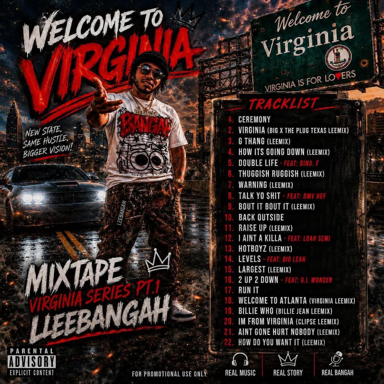 Llee Bangah's 'Welcome to Virginia' mixtape cover with artist, car, and 22-song tracklist.