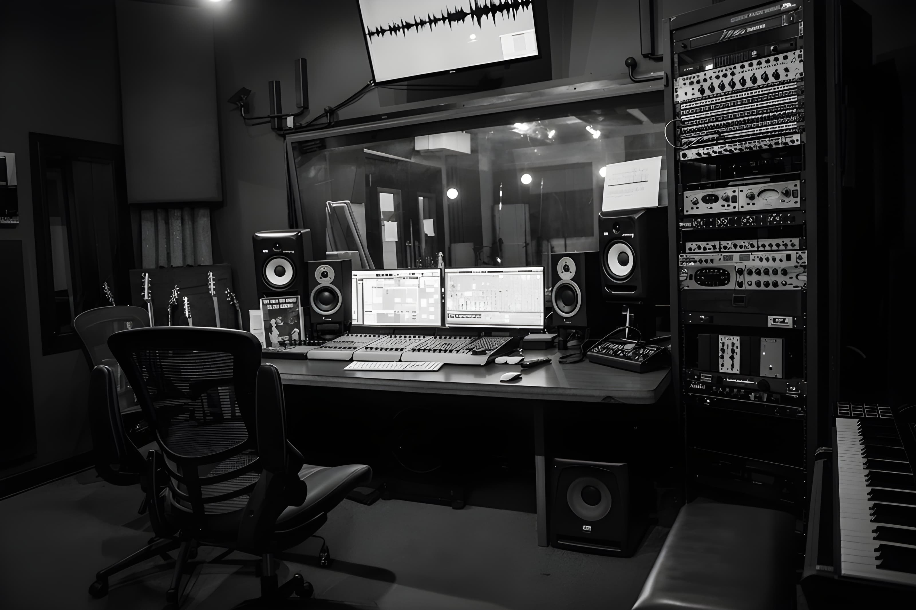Black and white recording studio with a mixing desk, dual monitors, speakers, and equipment rack.