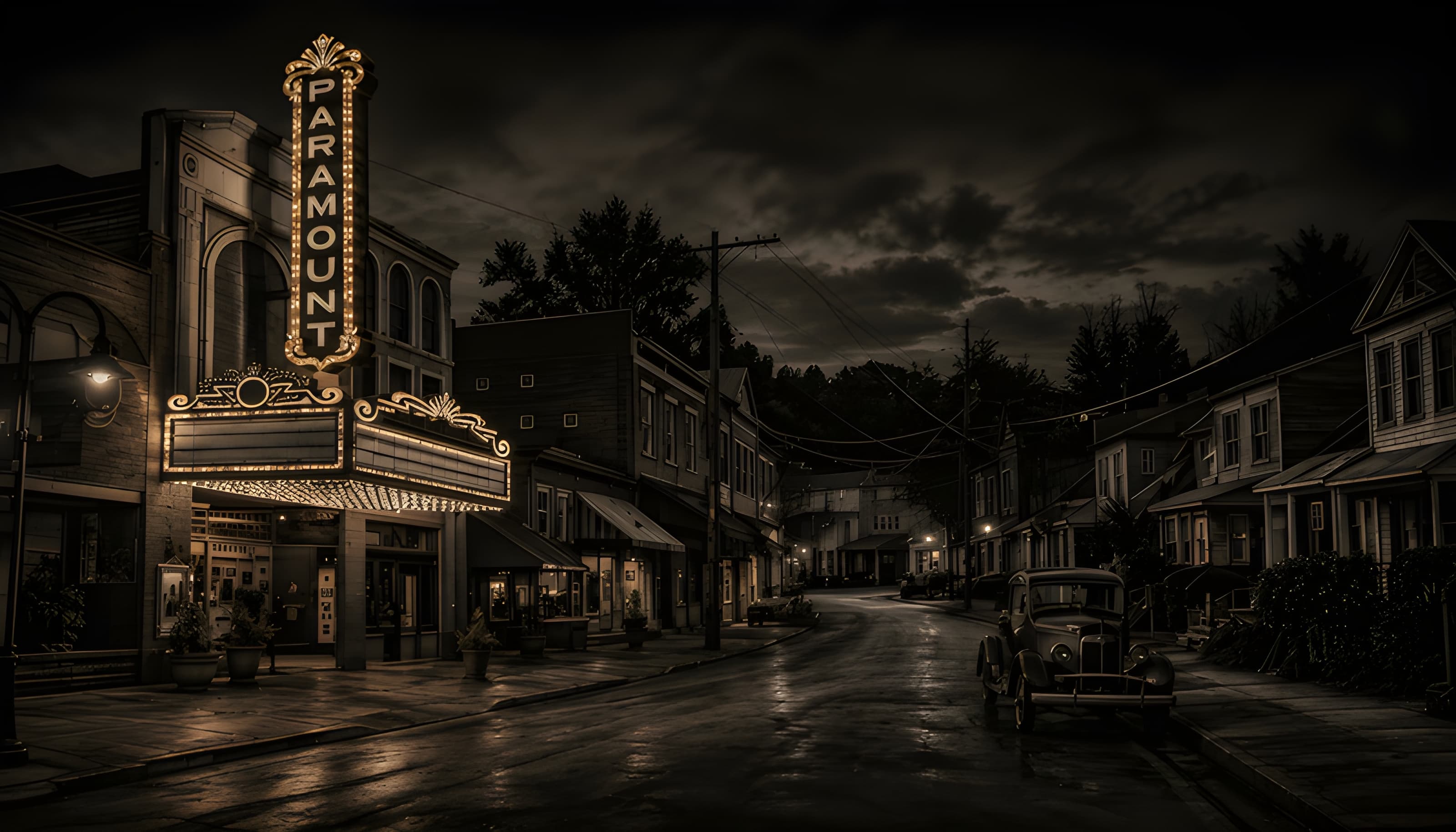 Glowing Paramount theater marquee illuminates a dark, wet vintage street with a classic car.
