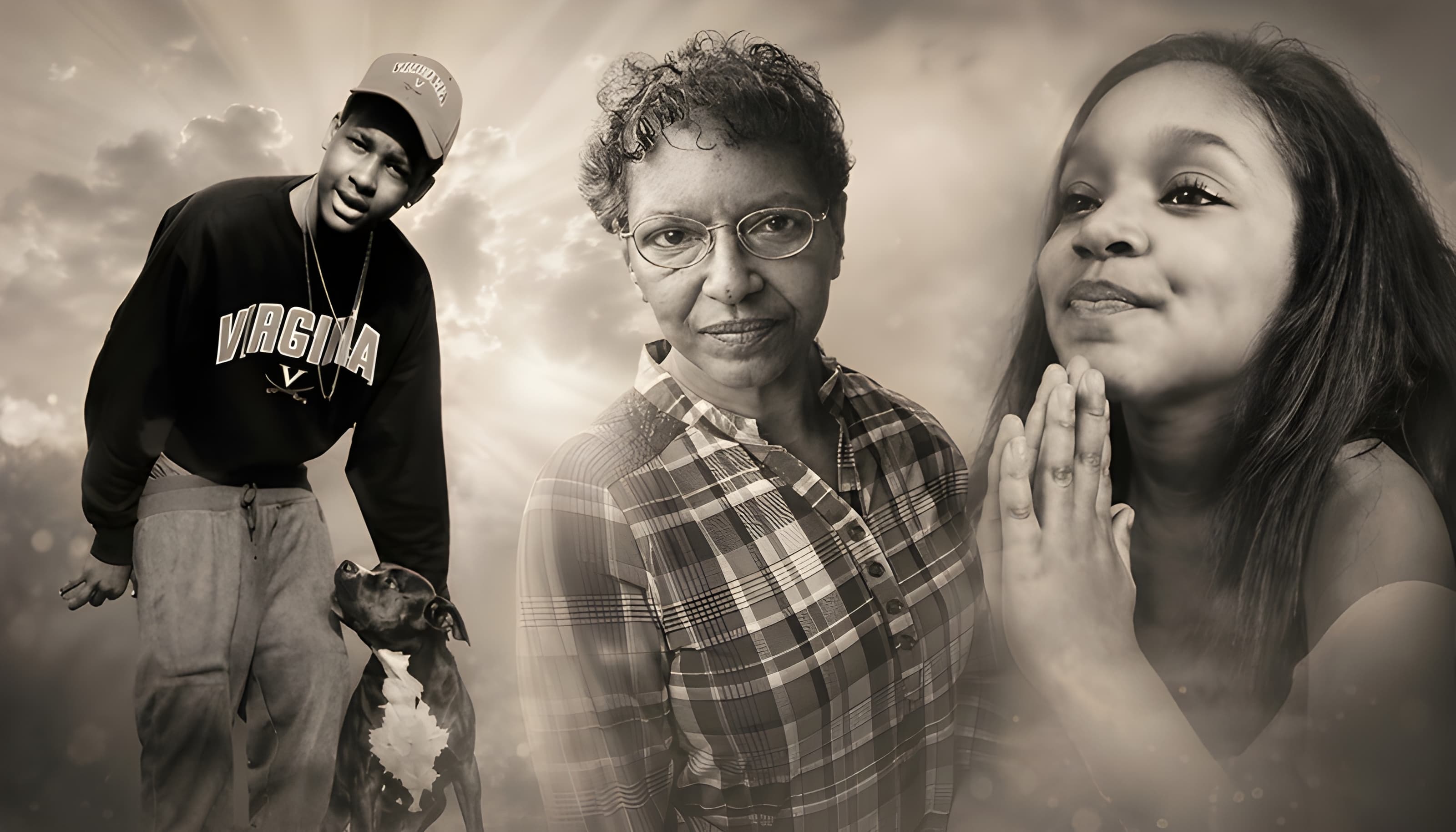Sepia-toned collage of a young man, older woman, and praying girl against sun-drenched clouds.